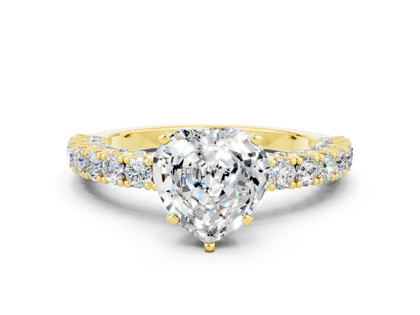 Yellow gold Heart Cut Diamond Pavé Band Solitaire Ring with Prong Setting