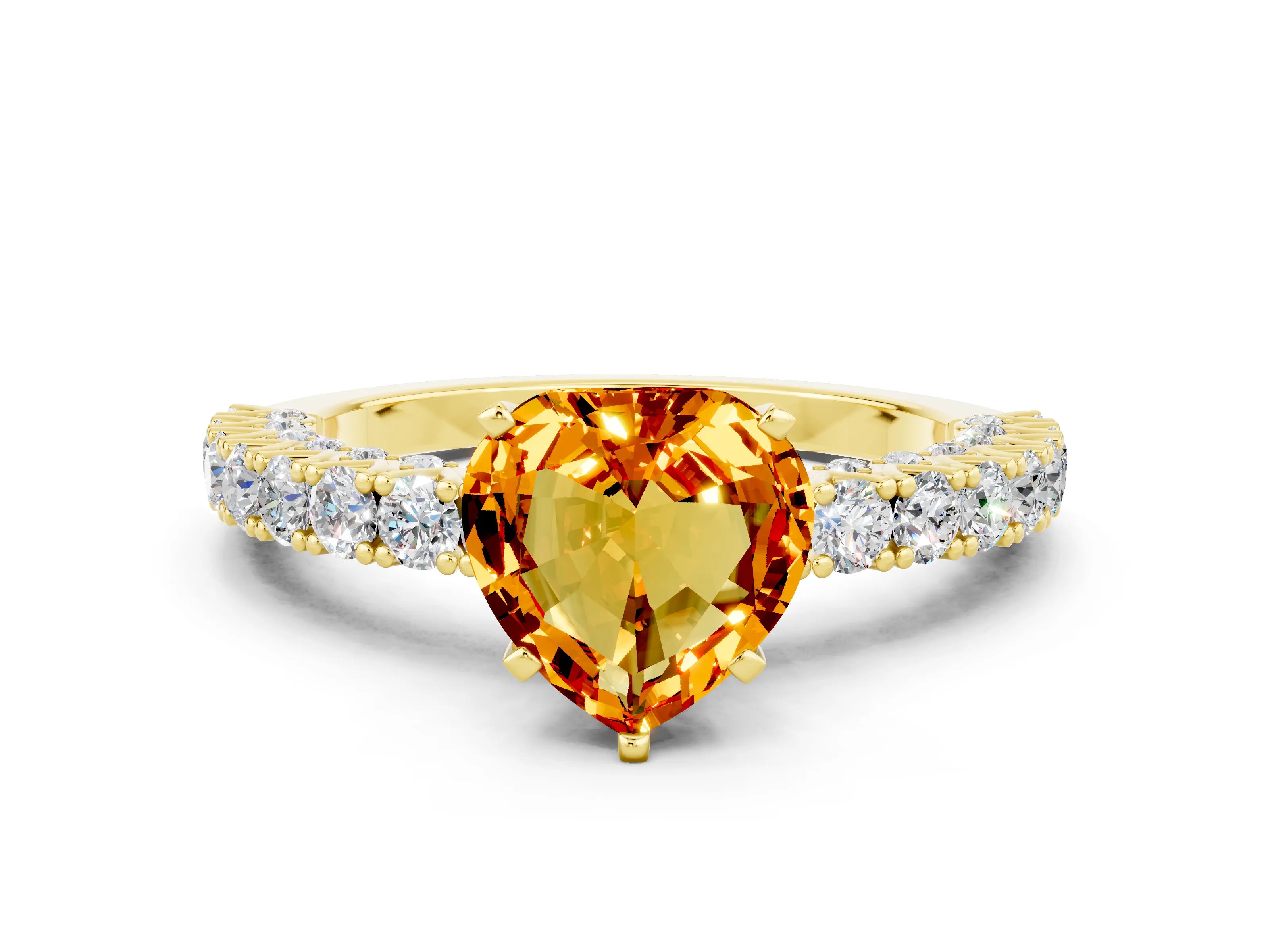 Yellow gold Heart Cut Diamond Pavé Band Solitaire Ring with Prong Setting