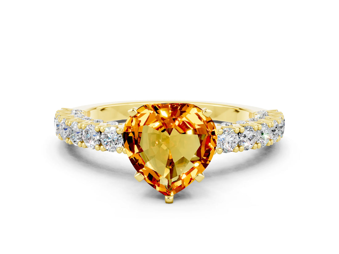 Yellow gold Heart Cut Diamond Pavé Band Solitaire Ring with Prong Setting