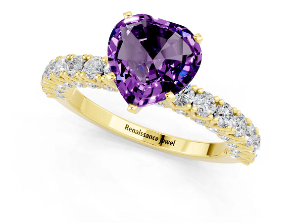 Yellow gold Heart Cut Amethyst Solitaire Ring with Round Accent Pavé Band and Prong Setting