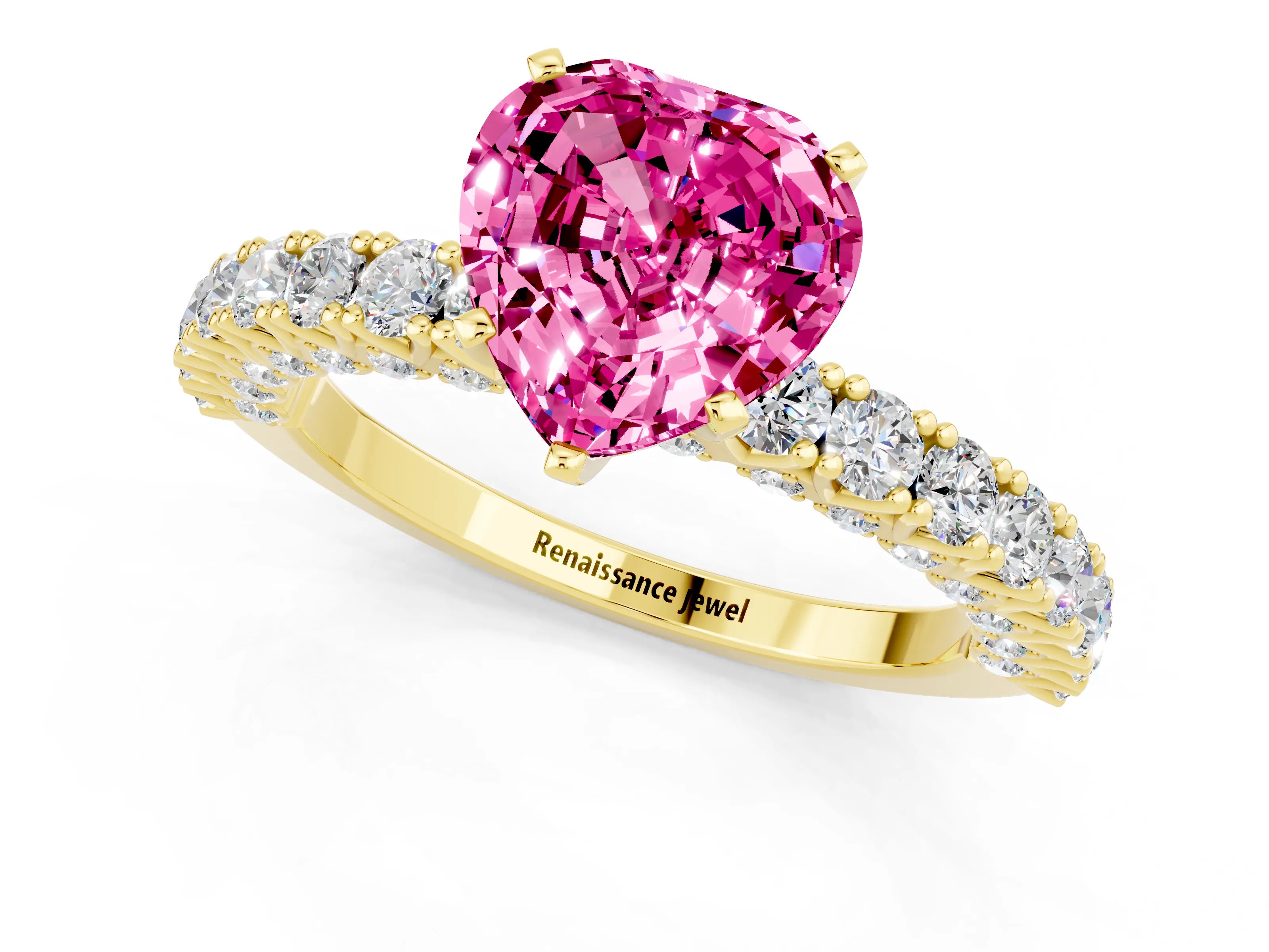 Yellow gold Heart Cut Diamond Pavé Band Solitaire Ring with Prong Setting_1