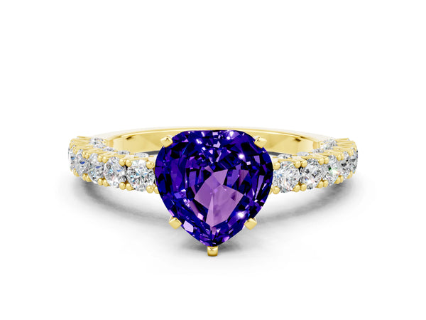 Yellow gold Heart Cut Diamond Pavé Band Solitaire Ring with Prong Setting