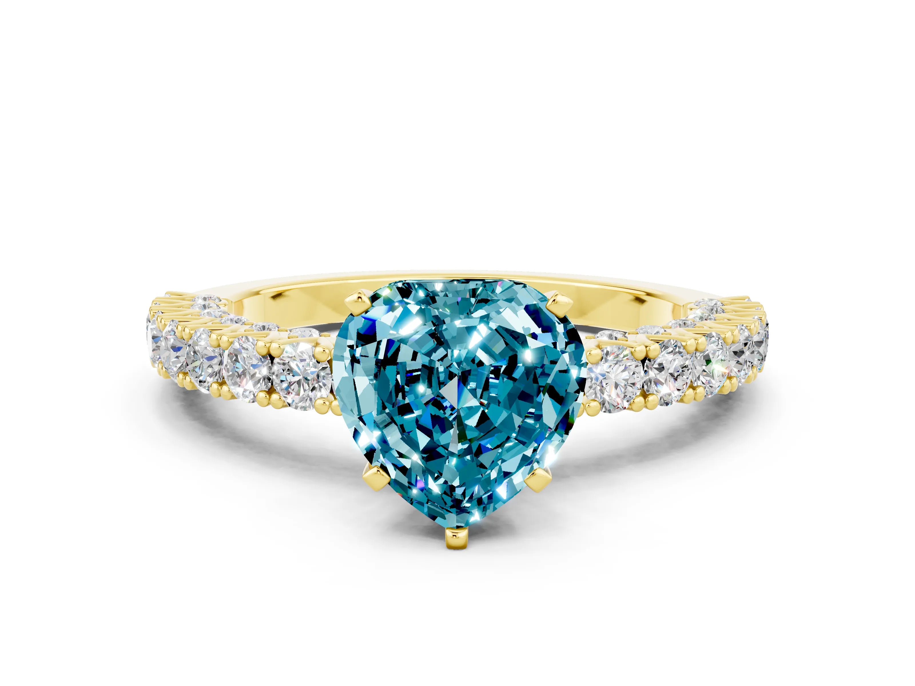 Yellow gold Heart Cut Diamond Pavé Band Solitaire Ring with Prong Setting