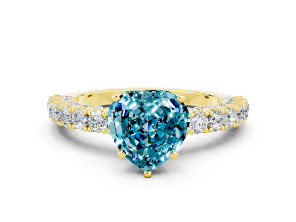 Yellow gold Heart Cut Diamond Pavé Band Solitaire Ring with Prong Setting