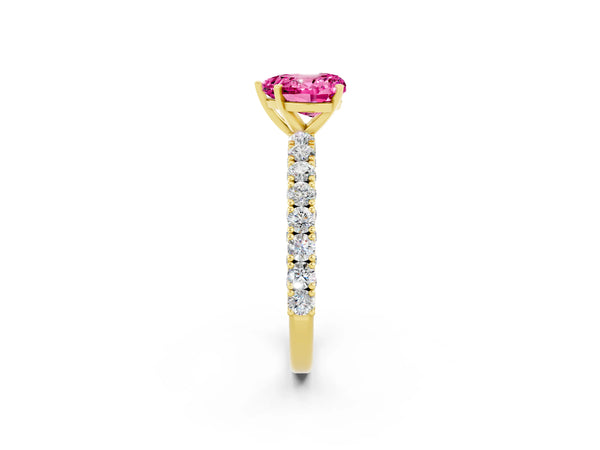 Yellow gold Heart Cut Diamond Pavé Band Solitaire Ring with Prong Setting