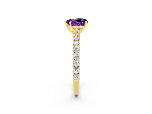 Yellow gold Heart Cut Amethyst Solitaire Ring with Round Accent Pavé Band and Prong Setting