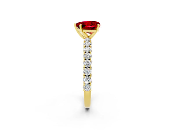 Yellow gold Heart Cut Diamond Pavé Band Solitaire Ring with Prong Setting