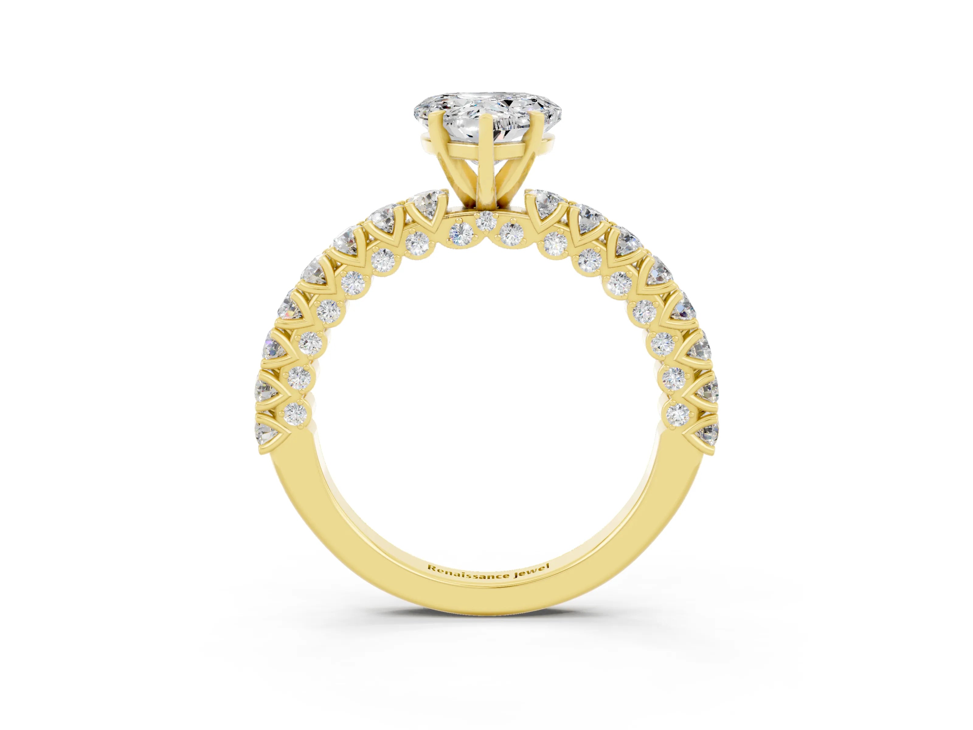Yellow gold Heart Cut Diamond Pavé Band Solitaire Ring with Prong Setting_3