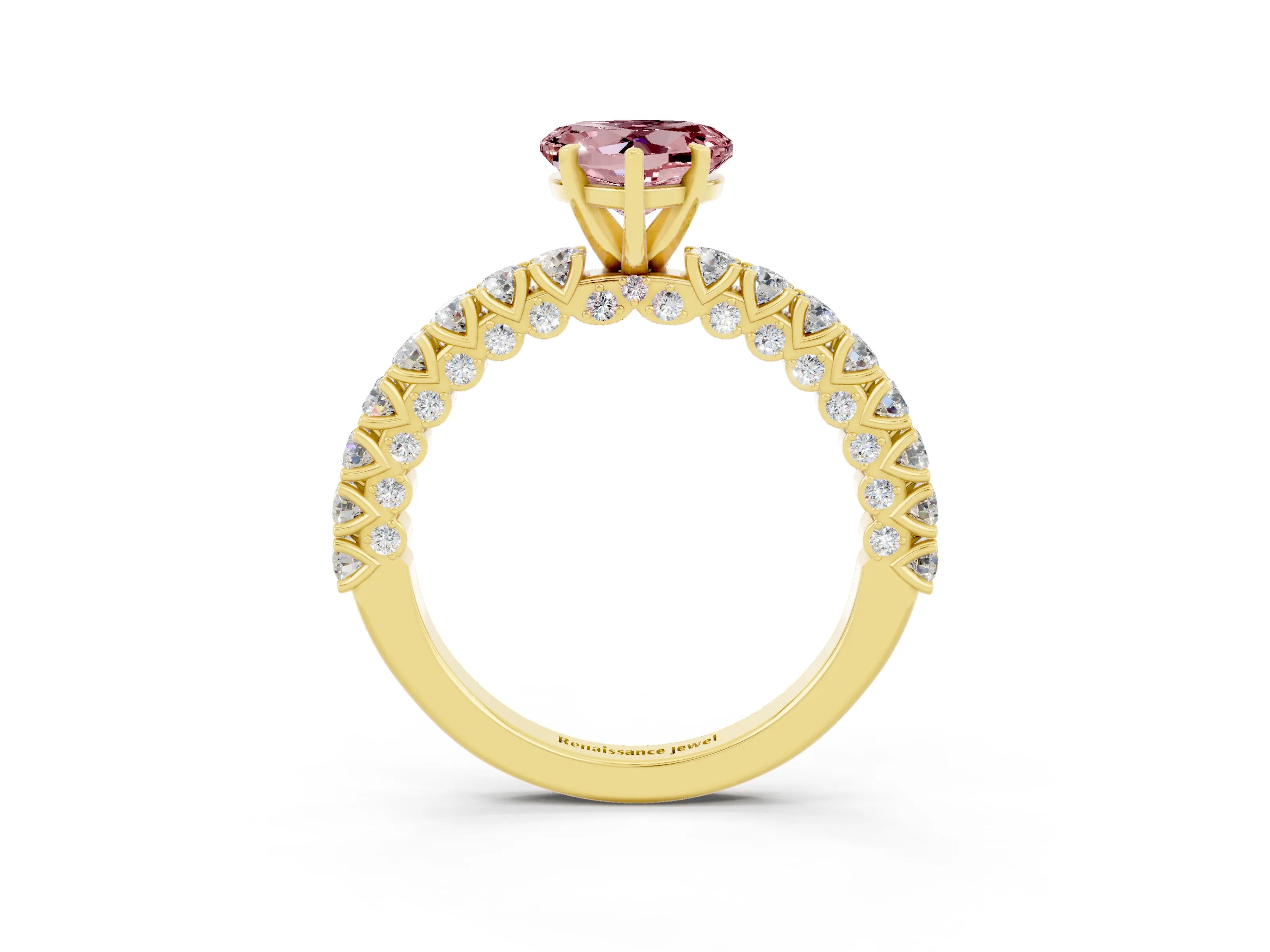 Yellow gold Heart Cut Diamond Pavé Band Solitaire Ring with Prong Setting_3