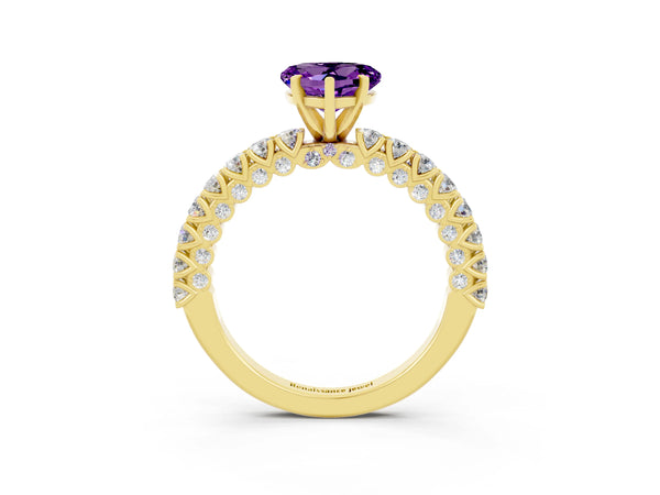Yellow gold Heart Cut Amethyst Solitaire Ring with Round Accent Pavé Band and Prong Setting