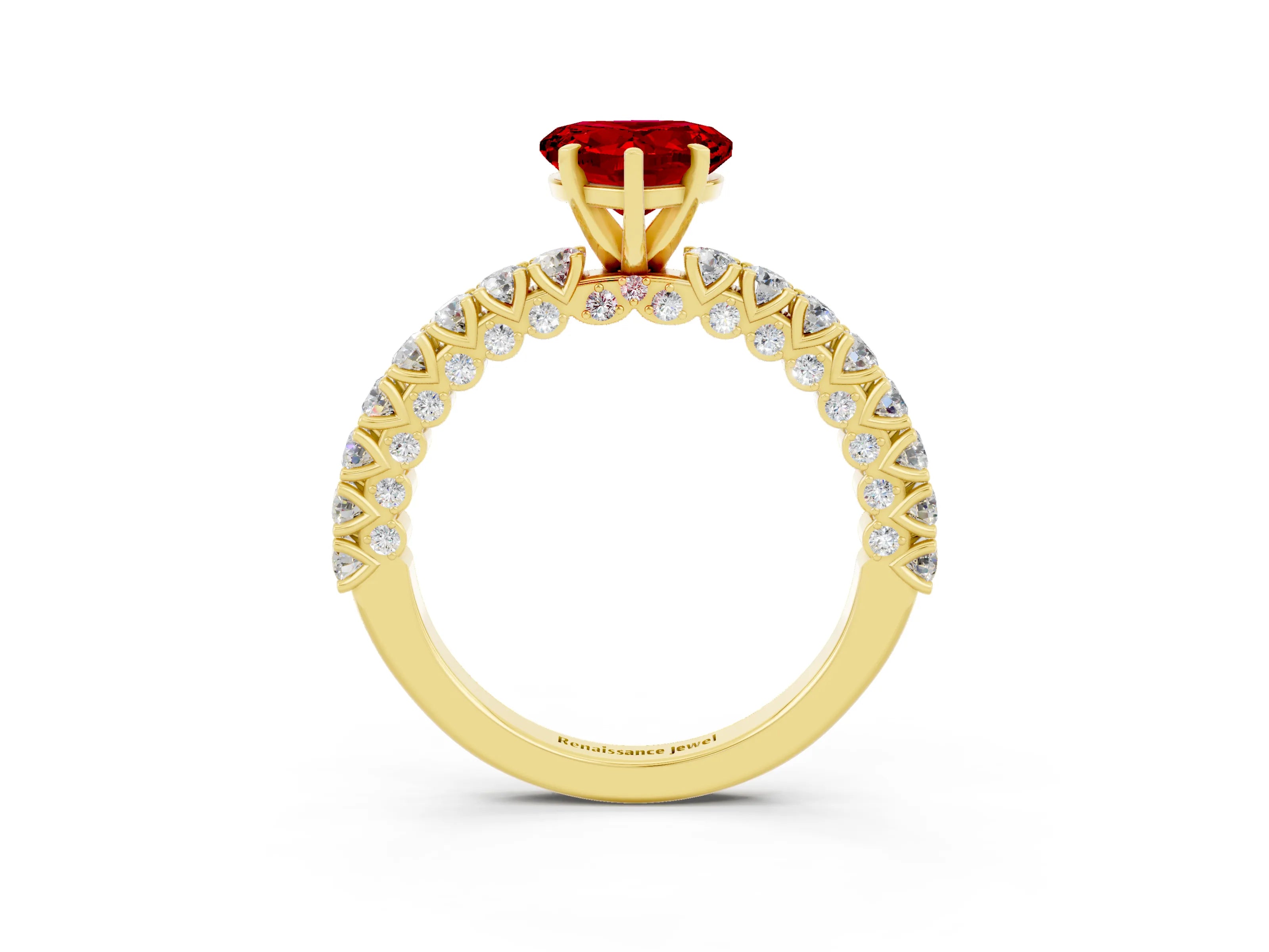 Yellow gold Heart Cut Diamond Pavé Band Solitaire Ring with Prong Setting_3