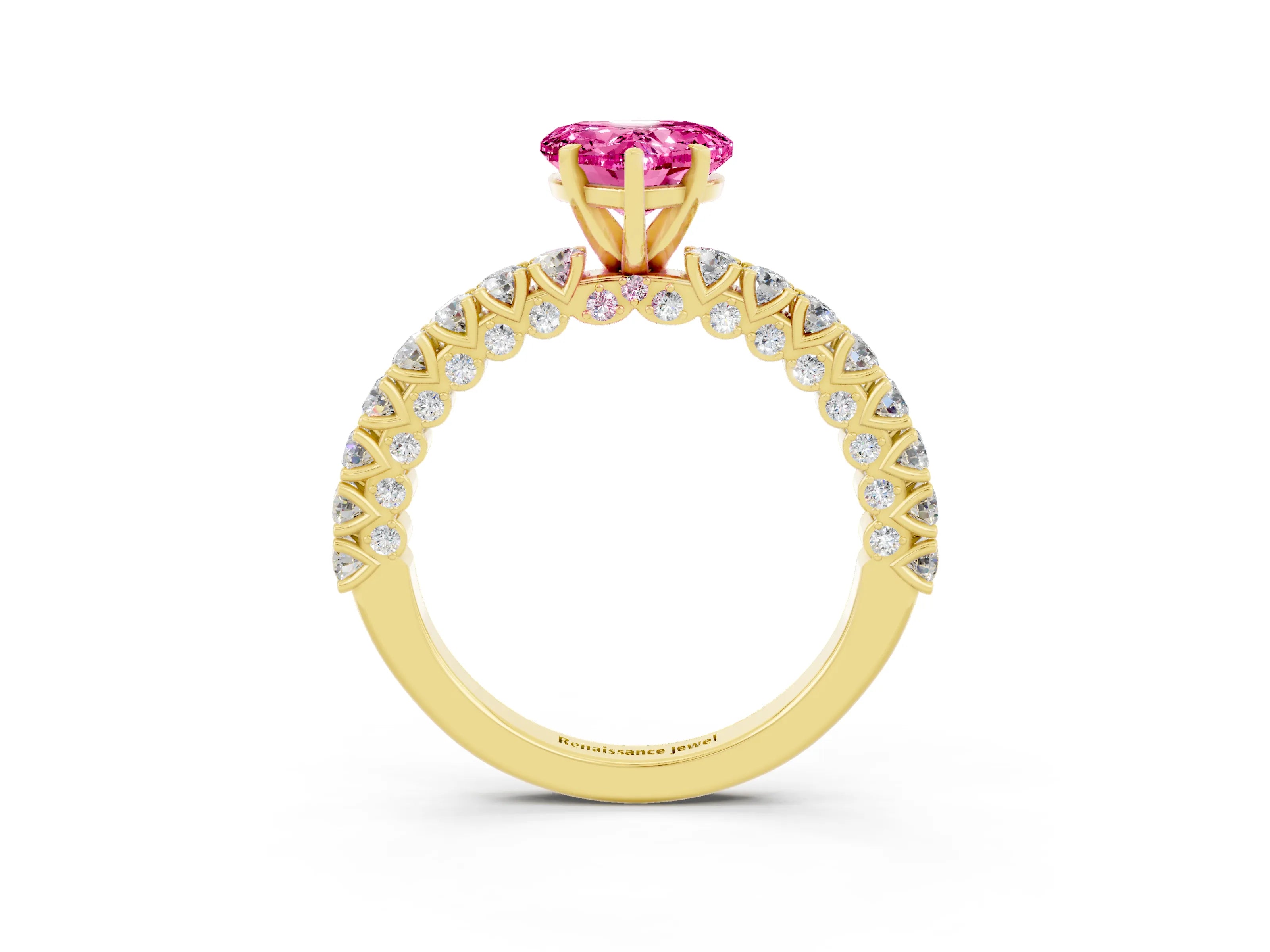 Yellow gold Heart Cut Diamond Pavé Band Solitaire Ring with Prong Setting_3