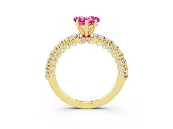 Yellow gold Heart Cut Diamond Pavé Band Solitaire Ring with Prong Setting