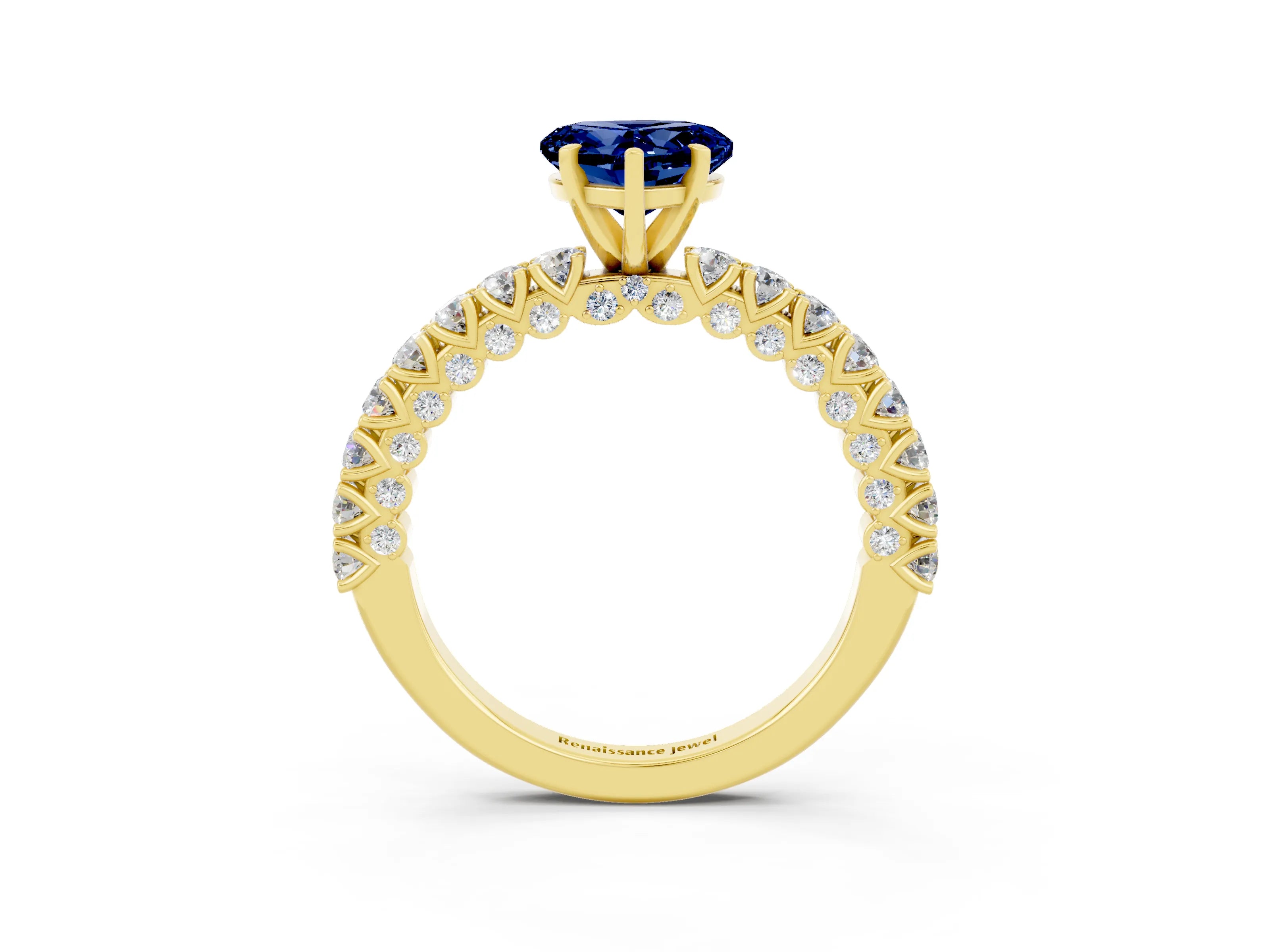 Yellow gold Heart Cut Diamond Pavé Band Solitaire Ring with Prong Setting_3