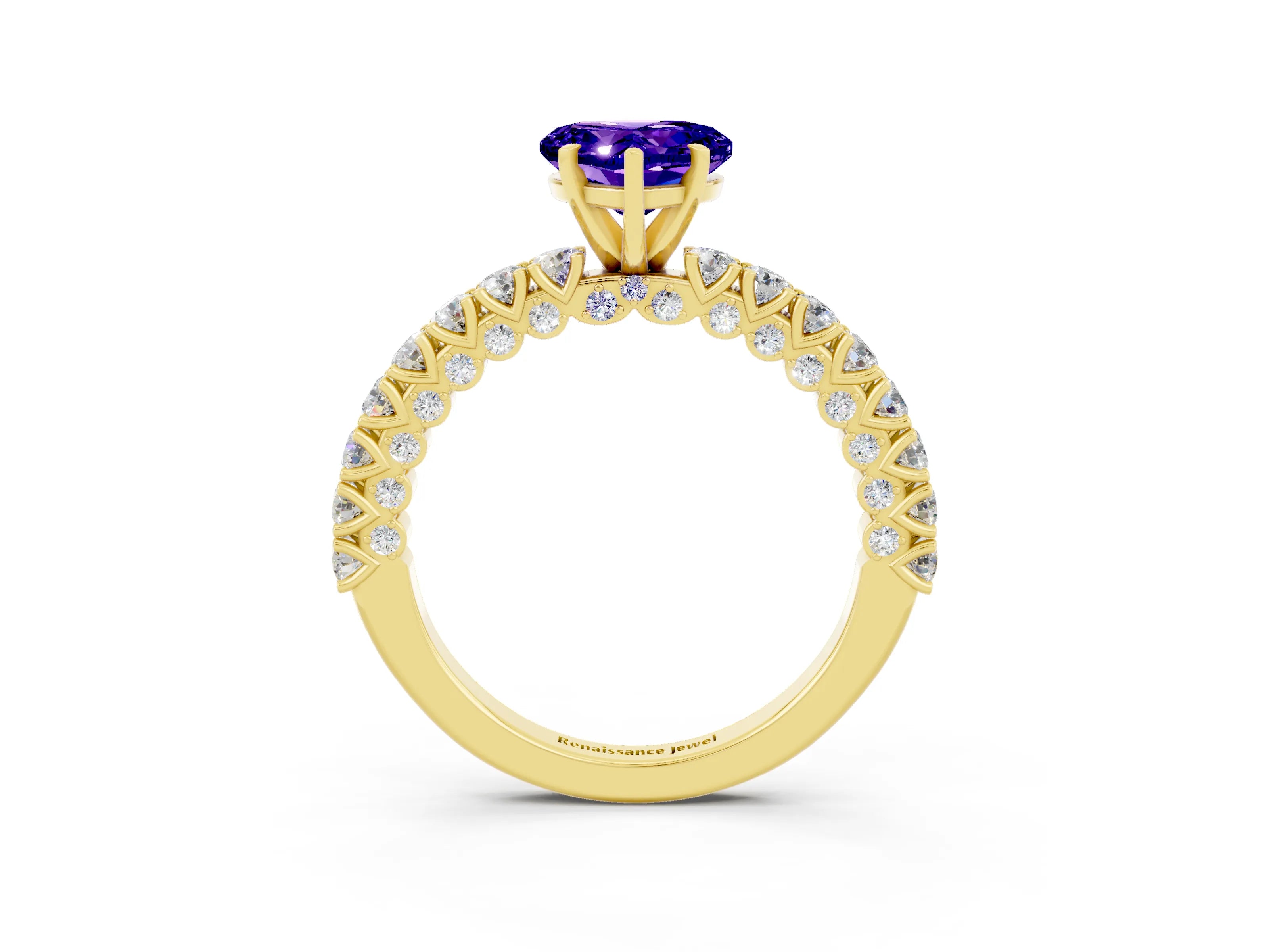 Yellow gold Heart Cut Diamond Pavé Band Solitaire Ring with Prong Setting_3