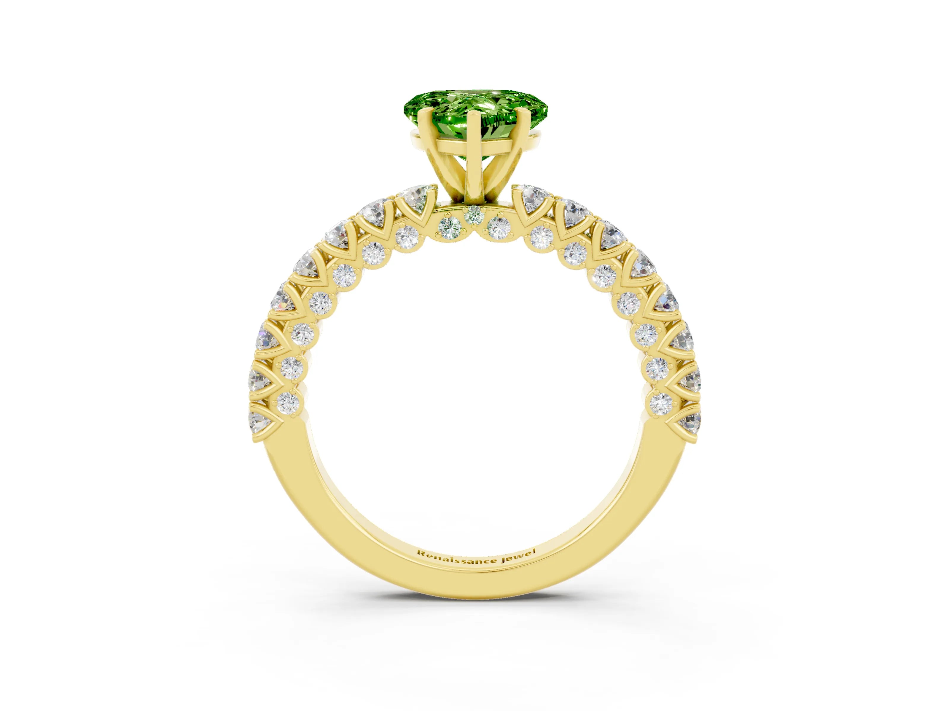 Yellow gold Heart Cut Diamond Pavé Band Solitaire Ring with Prong Setting_3