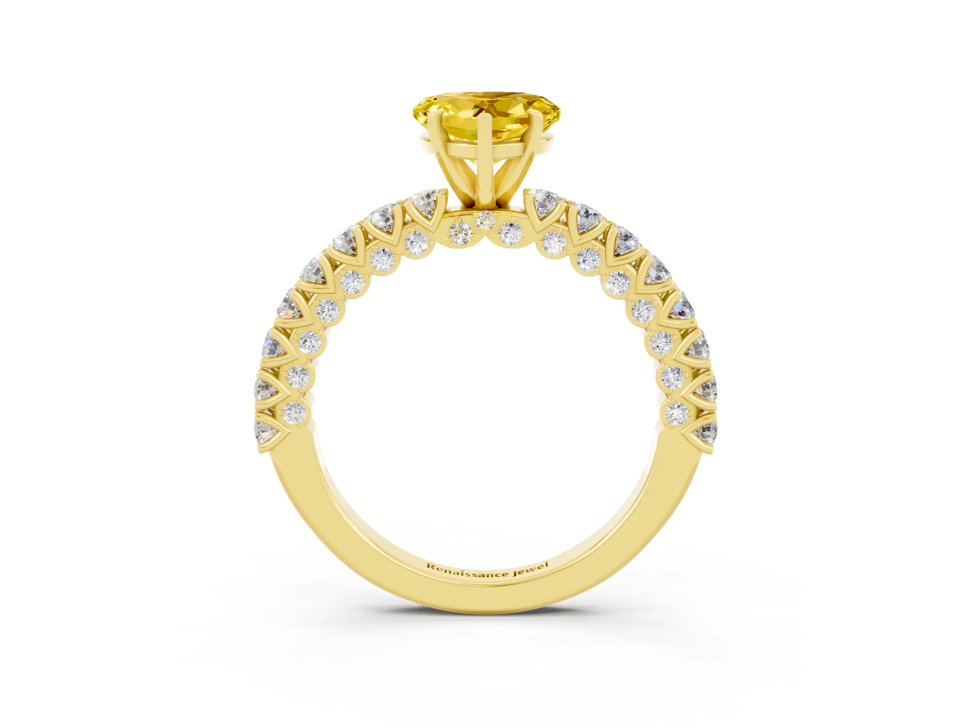 Yellow gold Heart Cut Diamond Pavé Band Solitaire Ring with Prong Setting_3