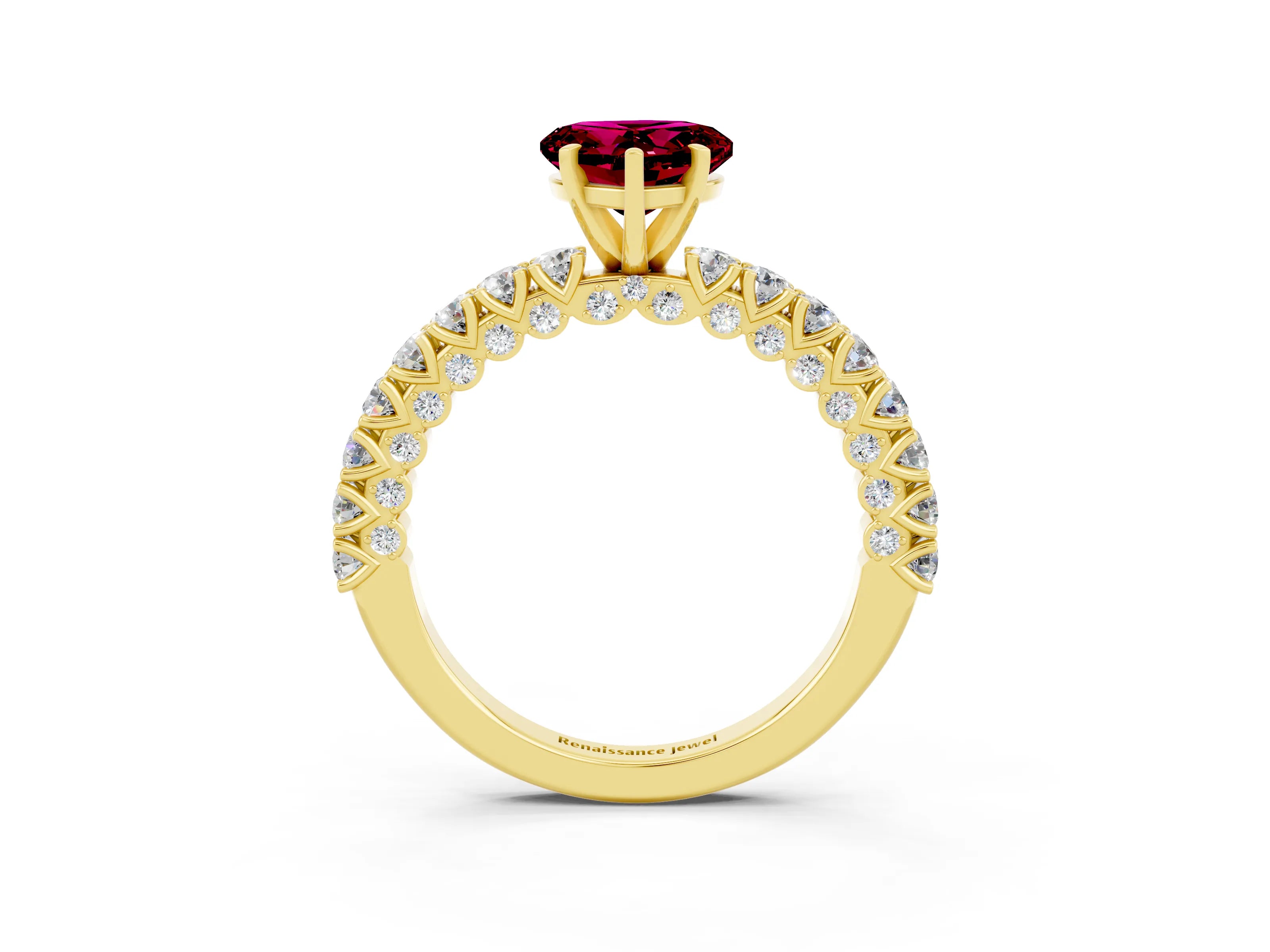 Yellow gold Heart Cut Diamond Pavé Band Solitaire Ring with Prong Setting_3