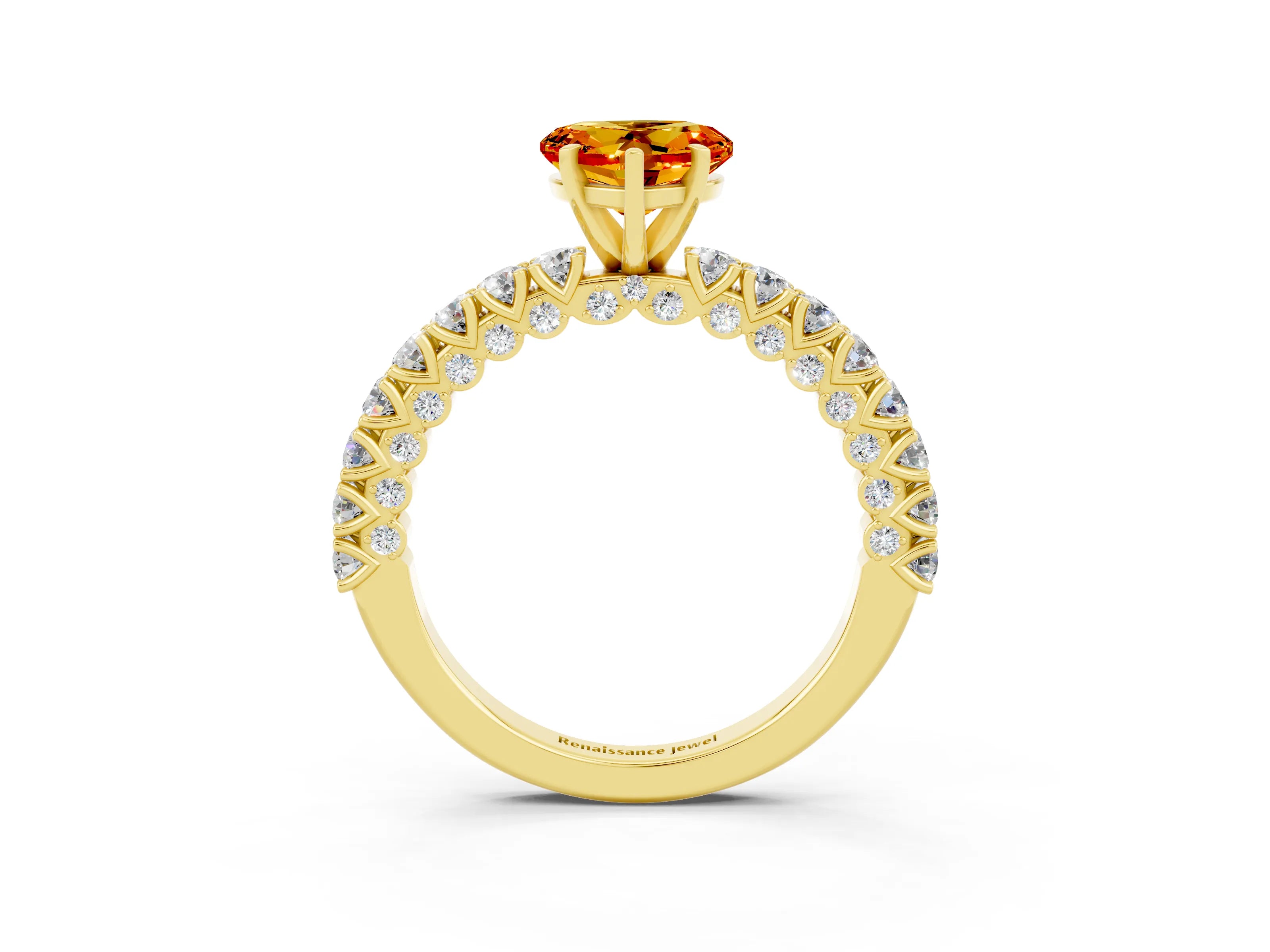 Yellow gold Heart Cut Diamond Pavé Band Solitaire Ring with Prong Setting_3