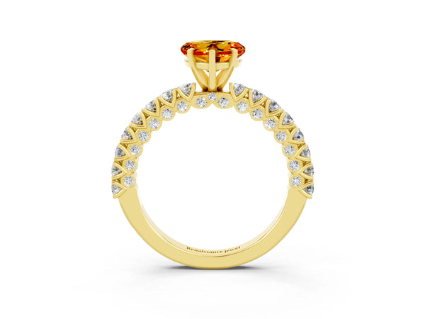 Yellow gold Heart Cut Diamond Pavé Band Solitaire Ring with Prong Setting