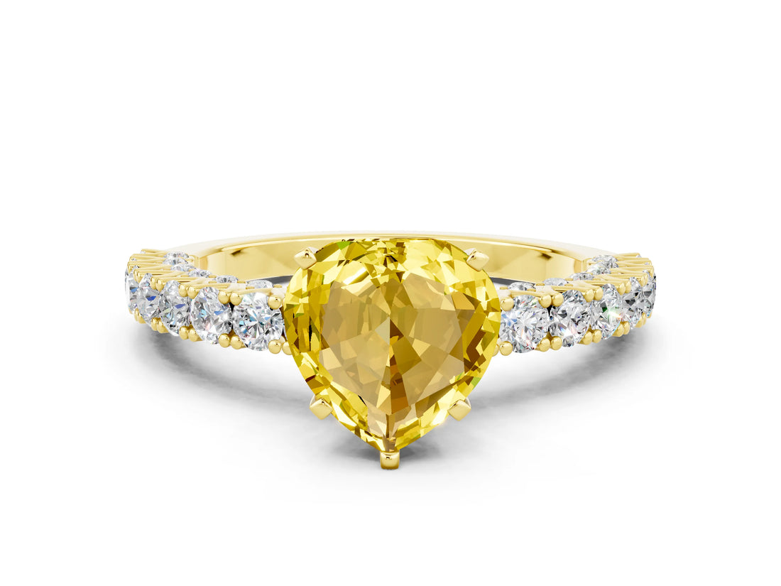 Yellow gold Heart Cut Diamond Pavé Band Solitaire Ring with Prong Setting