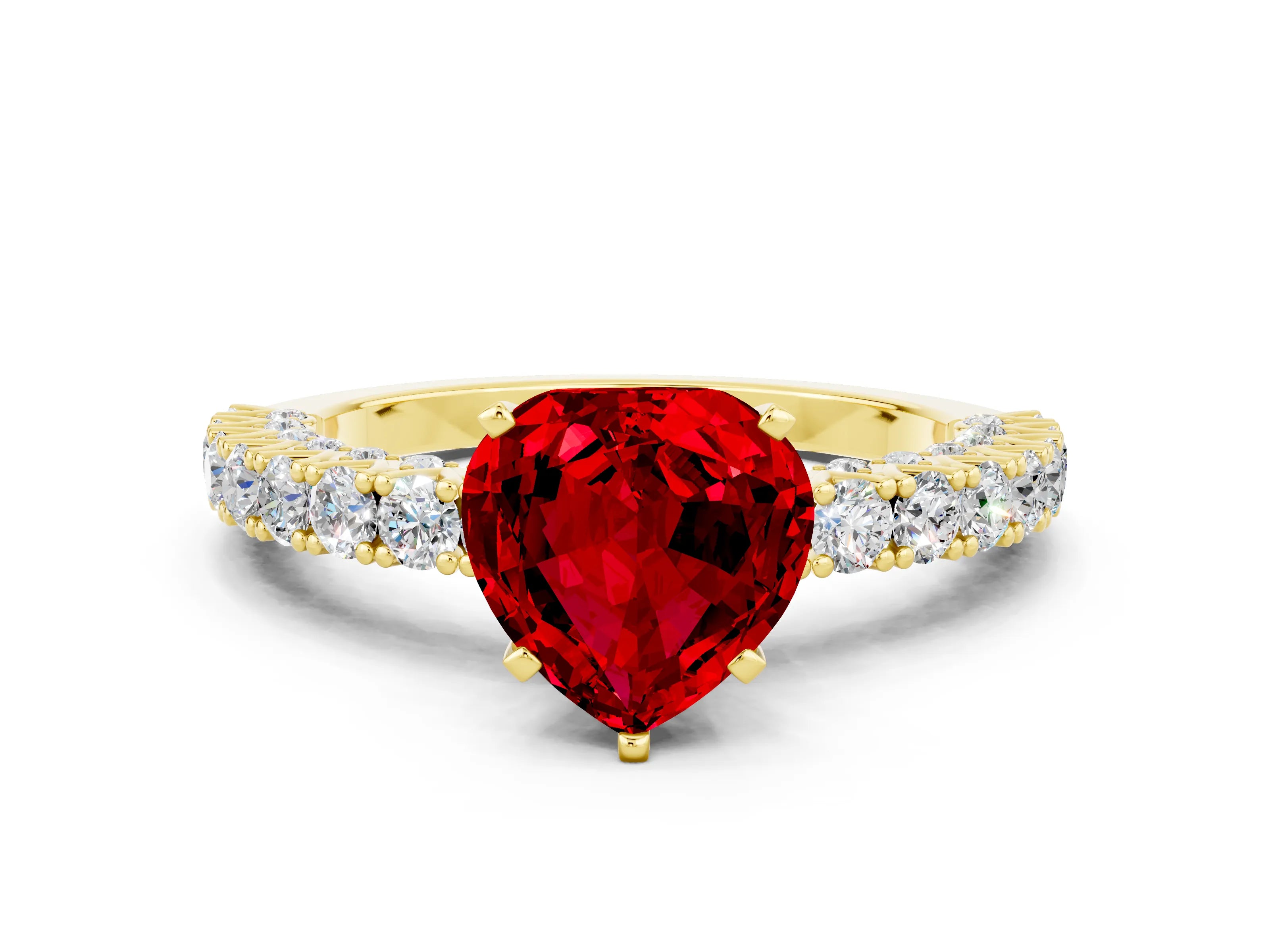 Yellow gold Heart Cut Diamond Pavé Band Solitaire Ring with Prong Setting
