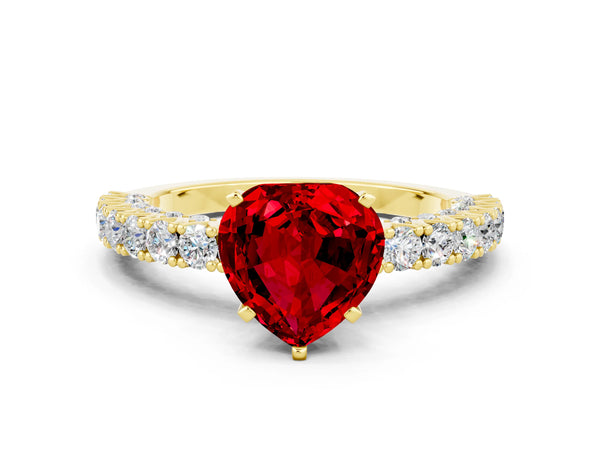 Yellow gold Heart Cut Diamond Pavé Band Solitaire Ring with Prong Setting