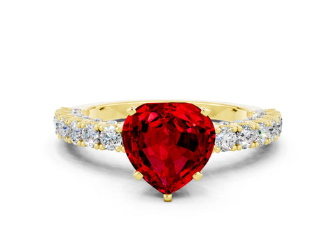 Yellow gold Heart Cut Diamond Pavé Band Solitaire Ring with Prong Setting