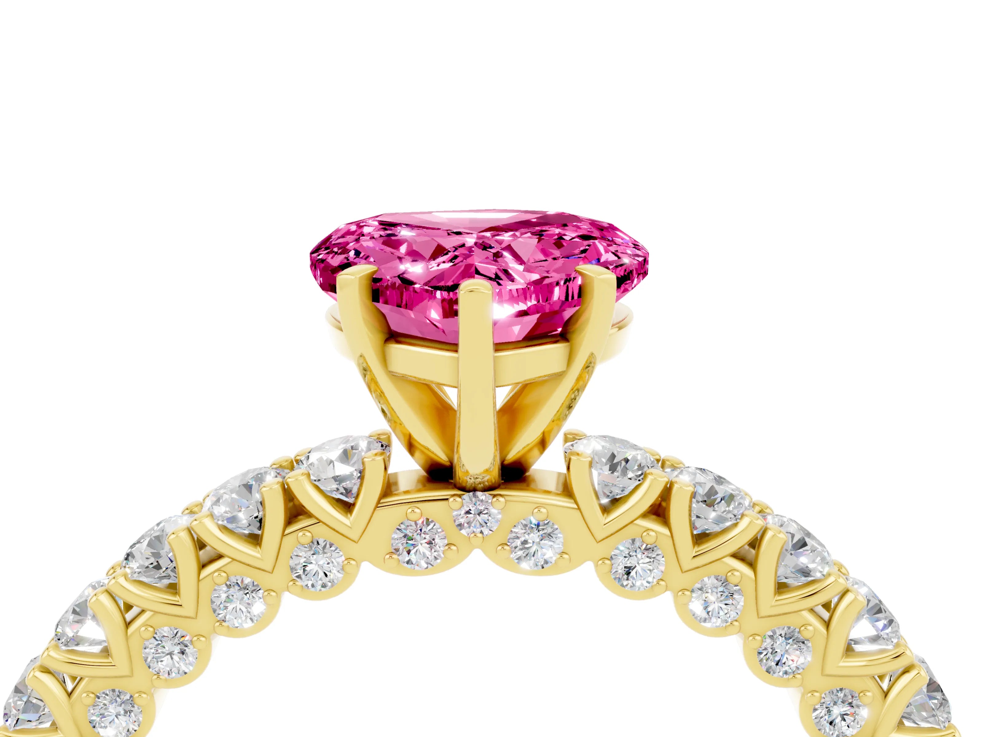 Yellow gold Heart Cut Diamond Pavé Band Solitaire Ring with Prong Setting_4