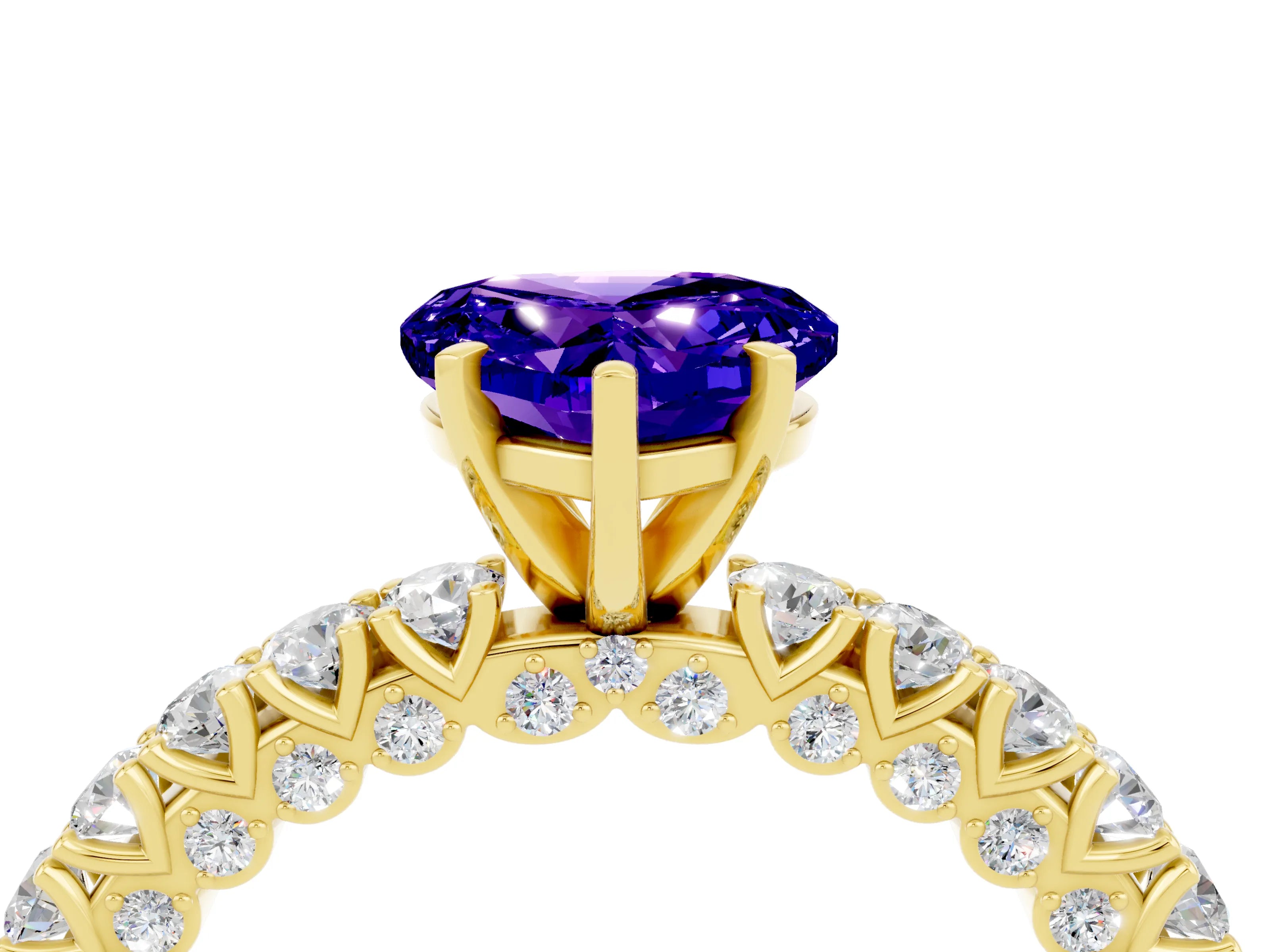 Yellow gold Heart Cut Diamond Pavé Band Solitaire Ring with Prong Setting_4