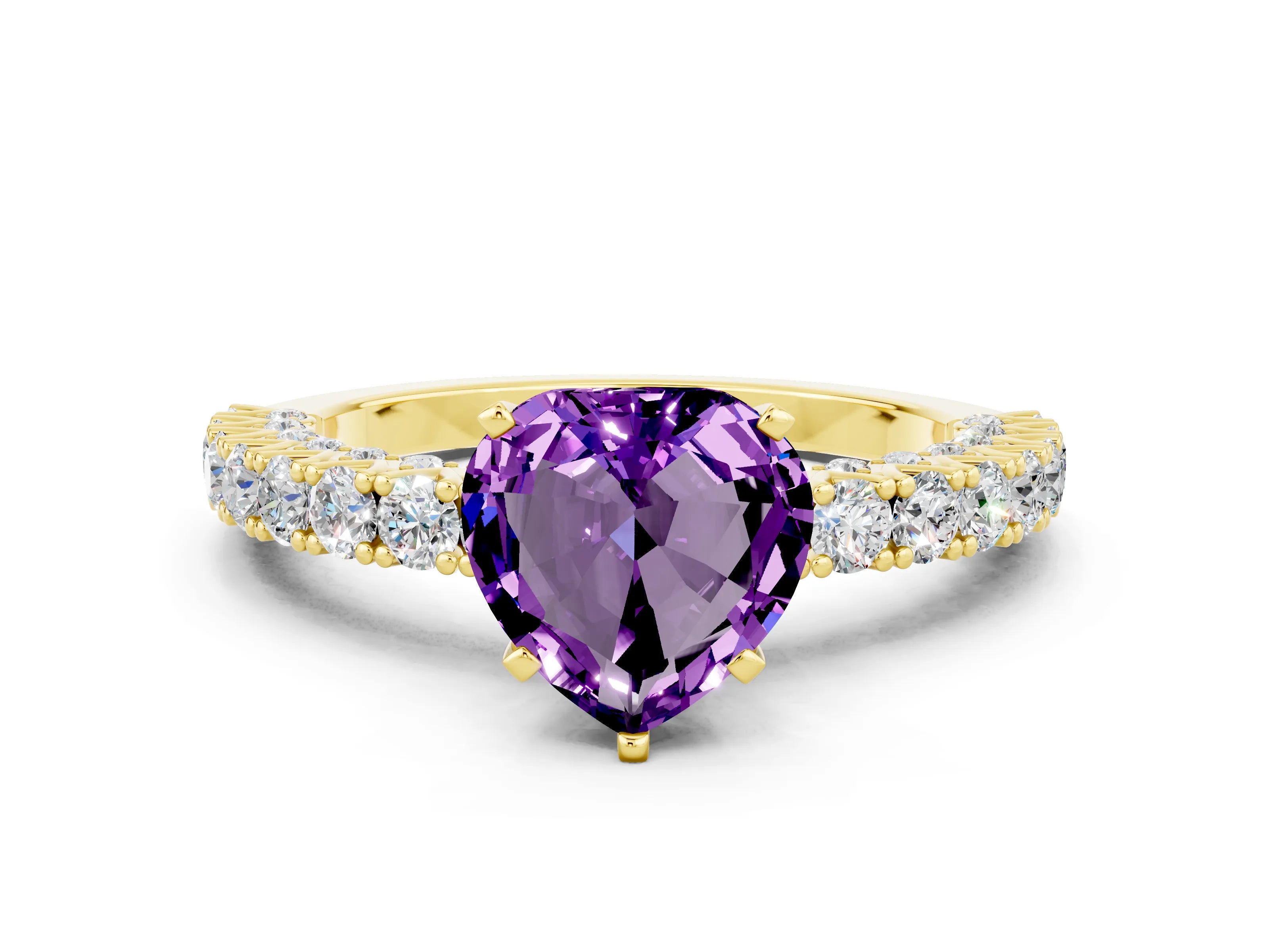Yellow gold Heart Cut Diamond Pavé Band Solitaire Ring with Prong Setting