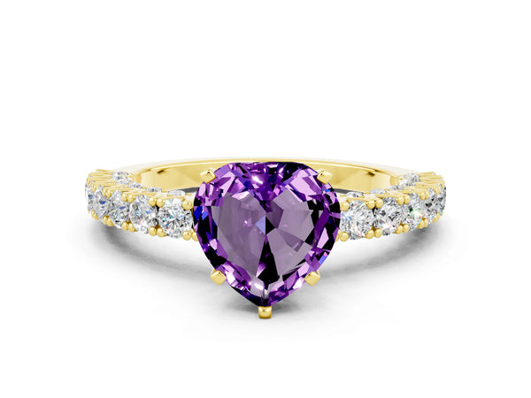 Yellow gold Heart Cut Amethyst Solitaire Ring with Round Accent Pavé Band and Prong Setting