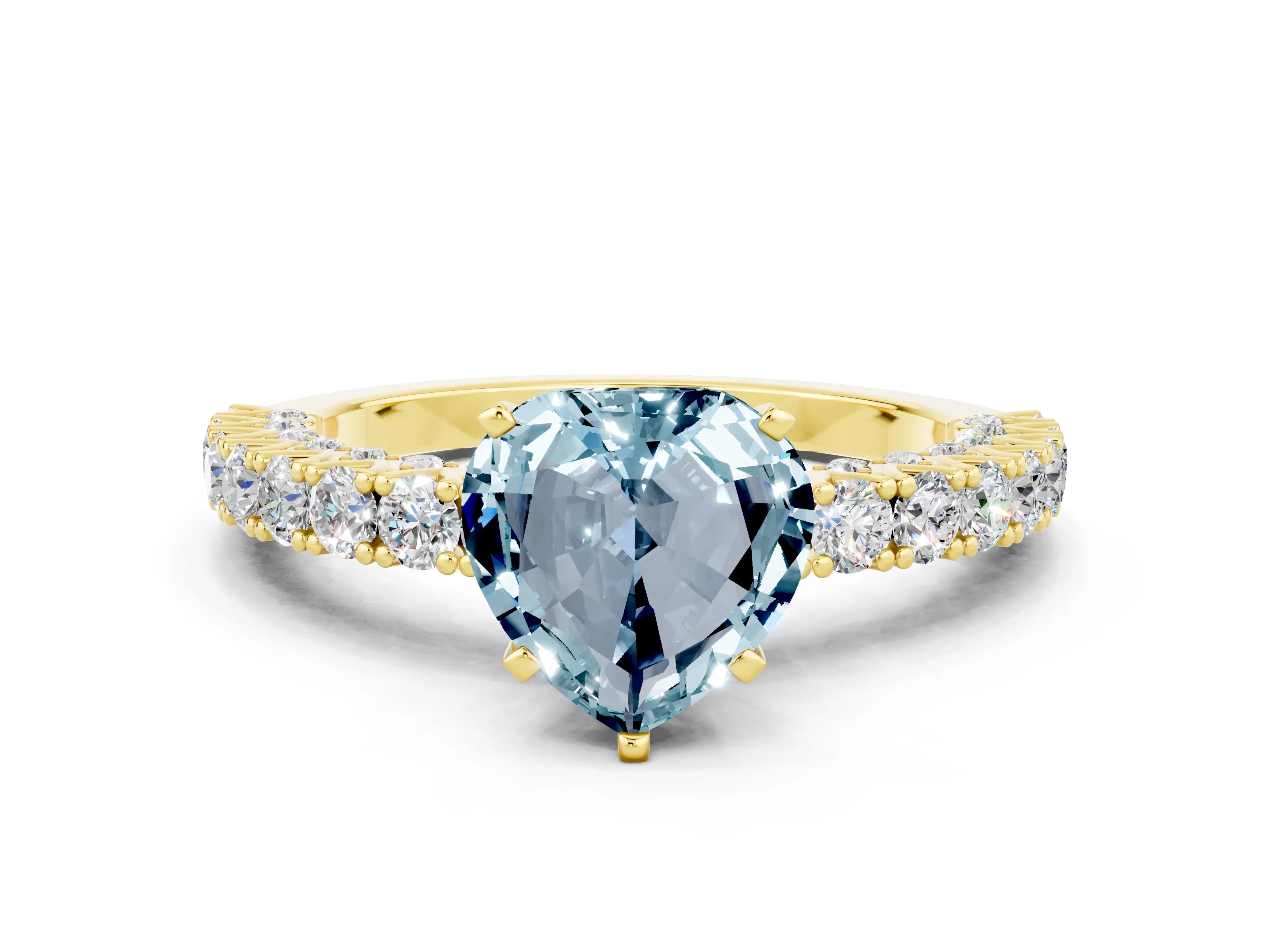 Yellow gold Heart Cut Diamond Pavé Band Solitaire Ring with Prong Setting