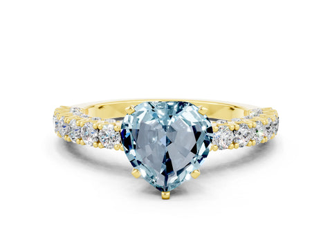 Yellow gold Heart Cut Diamond Pavé Band Solitaire Ring with Prong Setting