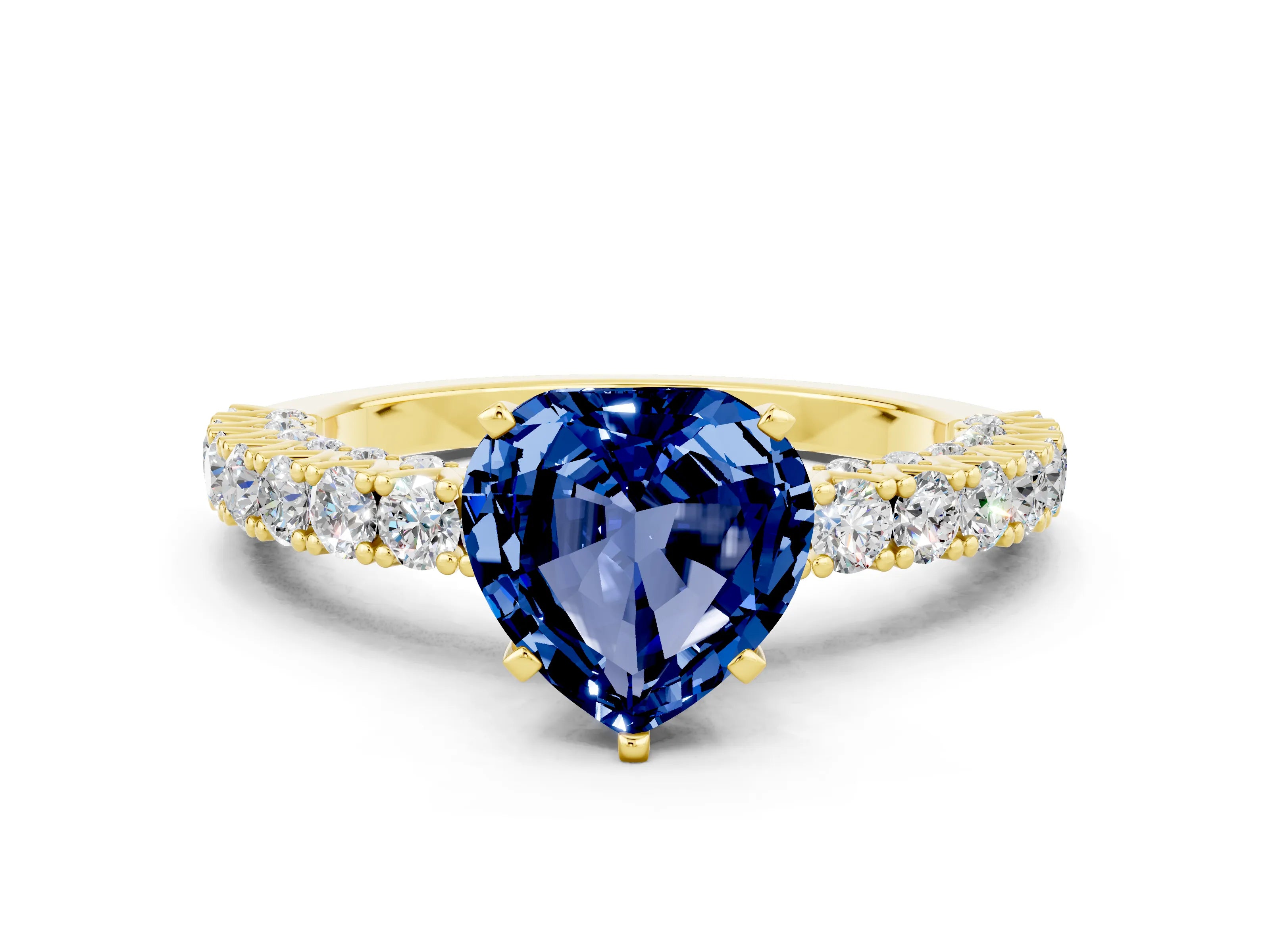 Yellow gold Heart Cut Diamond Pavé Band Solitaire Ring with Prong Setting