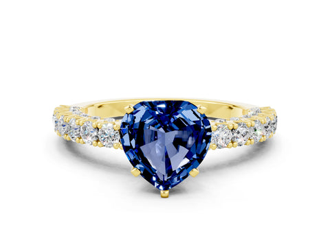 Yellow gold Heart Cut Diamond Pavé Band Solitaire Ring with Prong Setting
