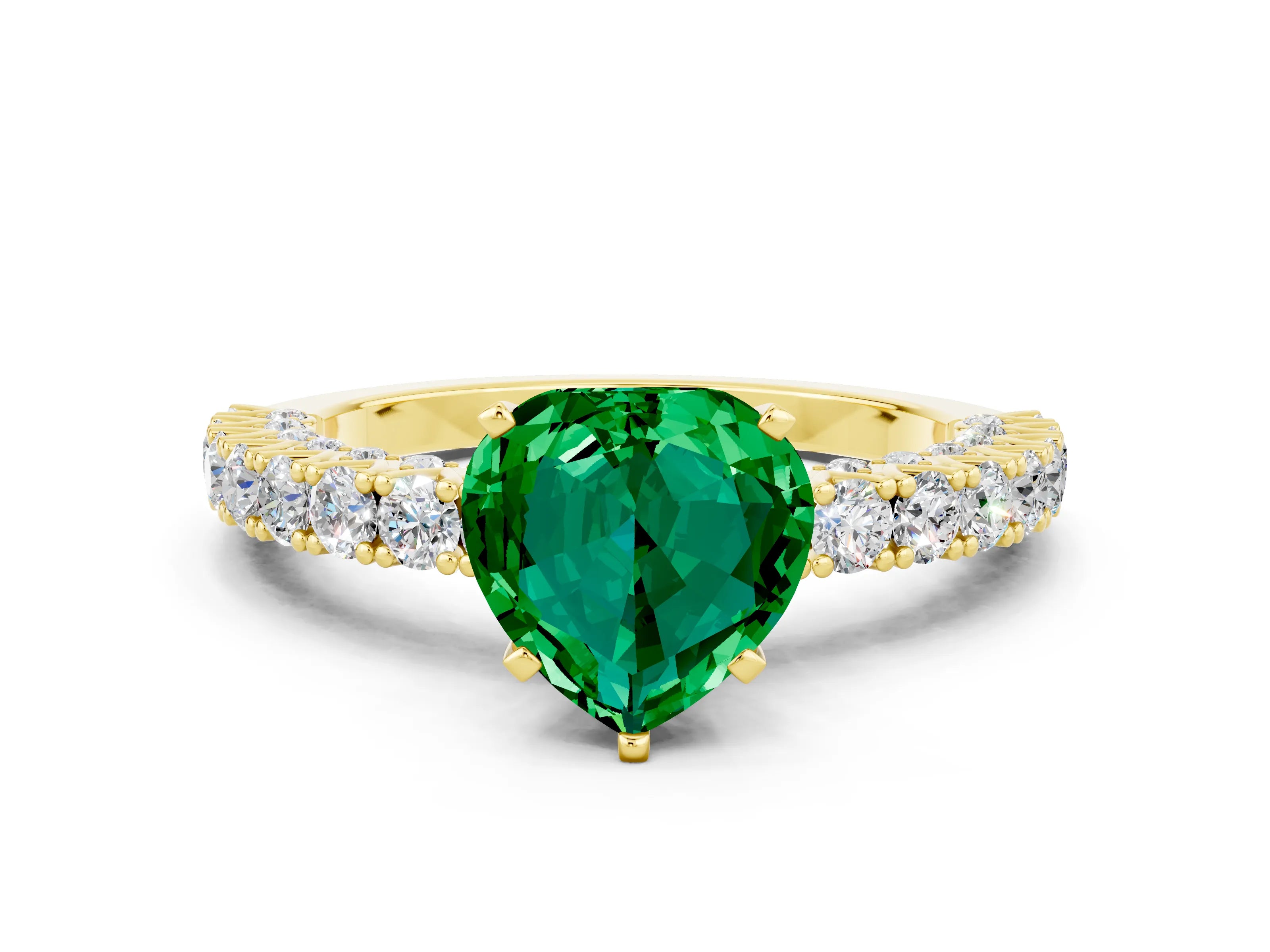 Yellow gold Heart Cut Diamond Pavé Band Solitaire Ring with Prong Setting