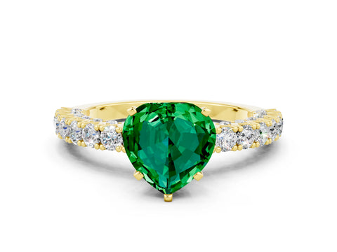 Yellow gold Heart Cut Diamond Pavé Band Solitaire Ring with Prong Setting