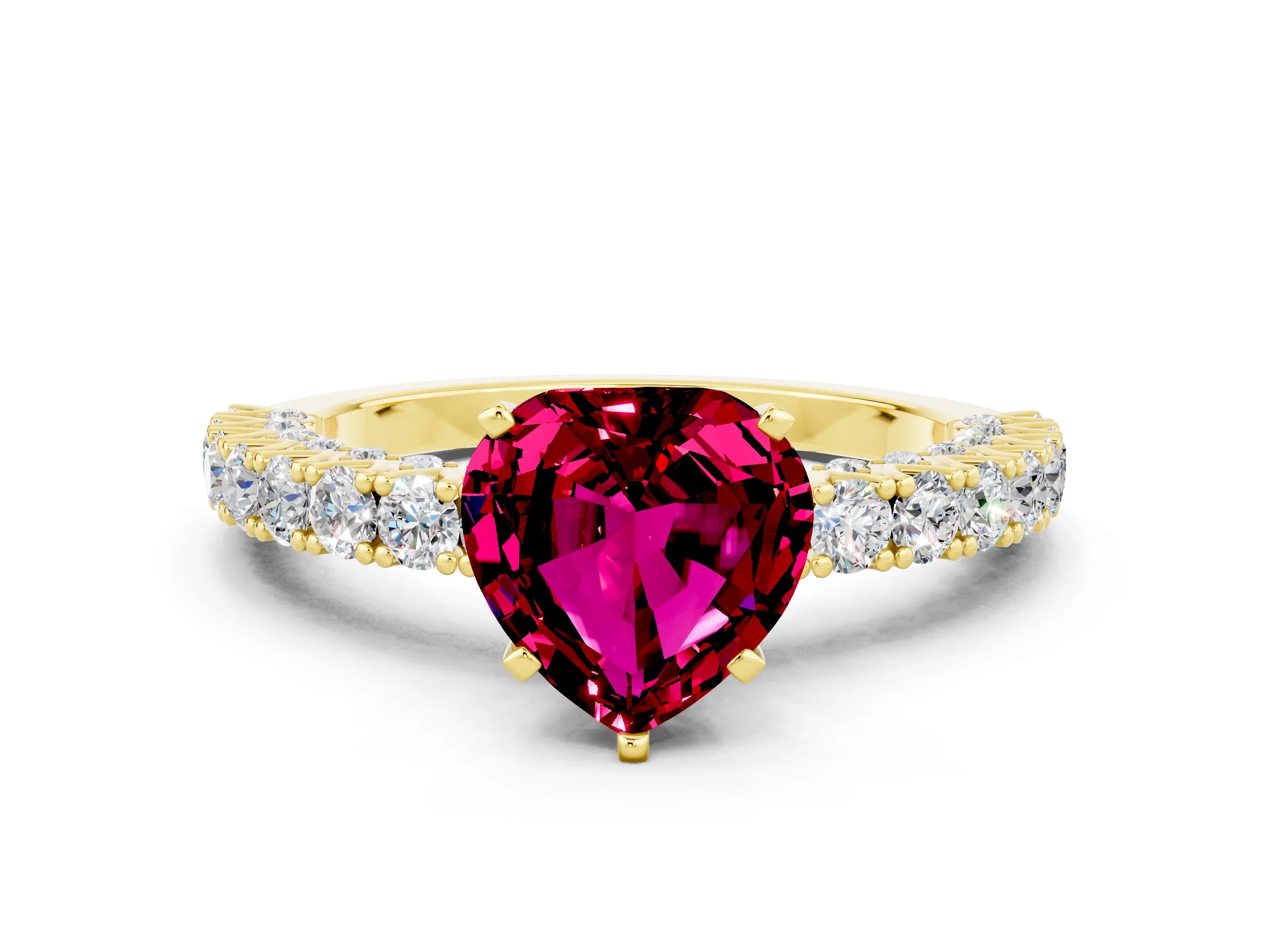 Yellow gold Heart Cut Diamond Pavé Band Solitaire Ring with Prong Setting