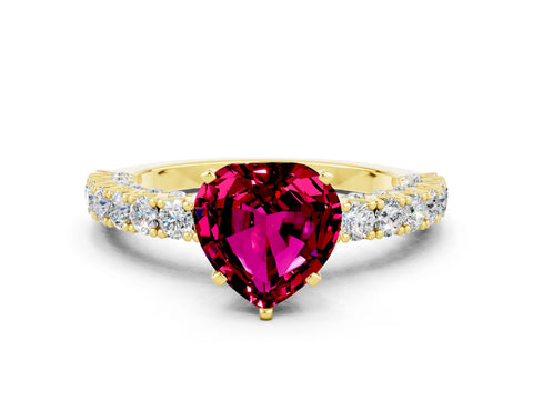 Yellow gold Heart Cut Diamond Pavé Band Solitaire Ring with Prong Setting