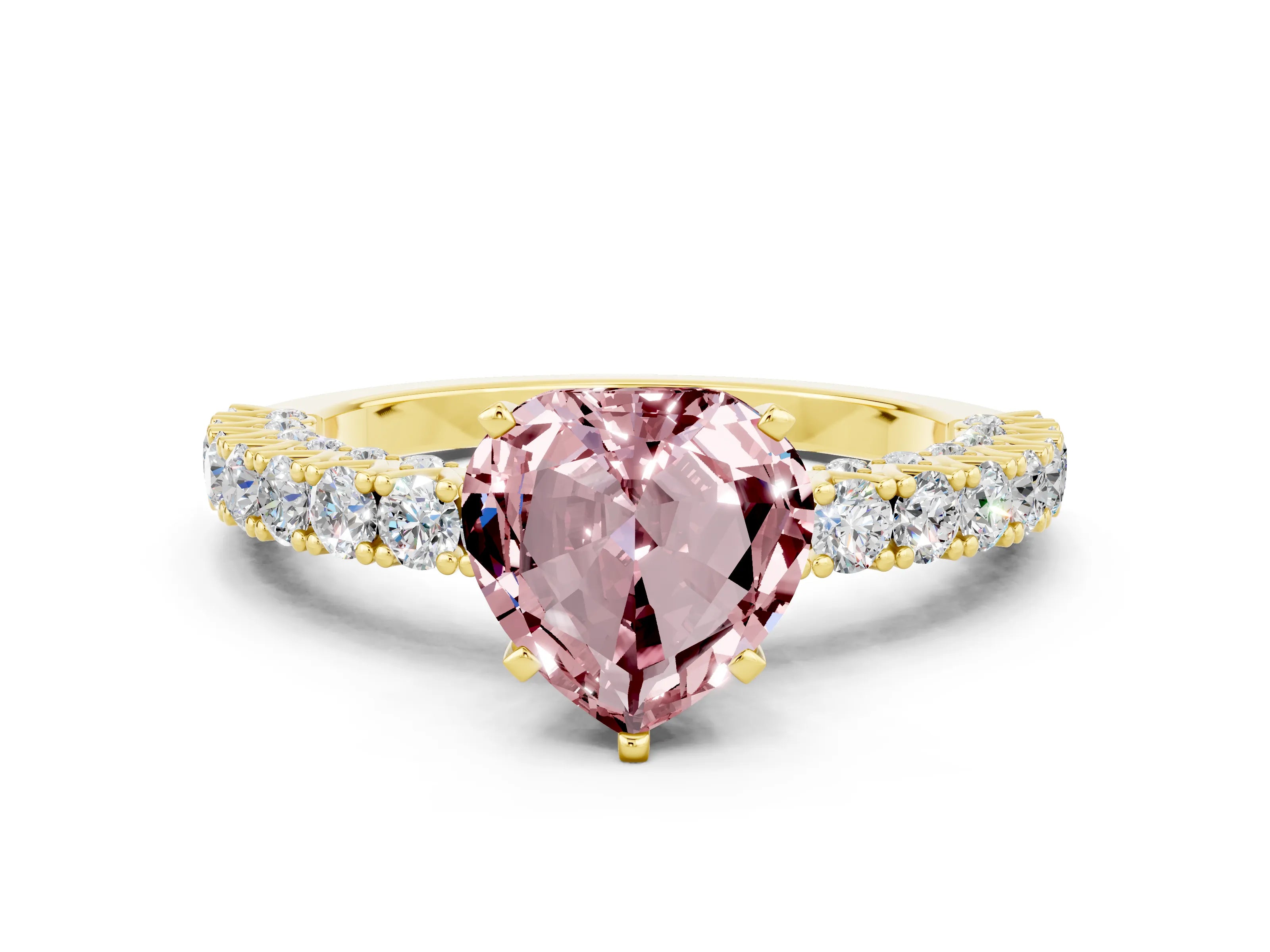 Yellow gold Heart Cut Diamond Pavé Band Solitaire Ring with Prong Setting