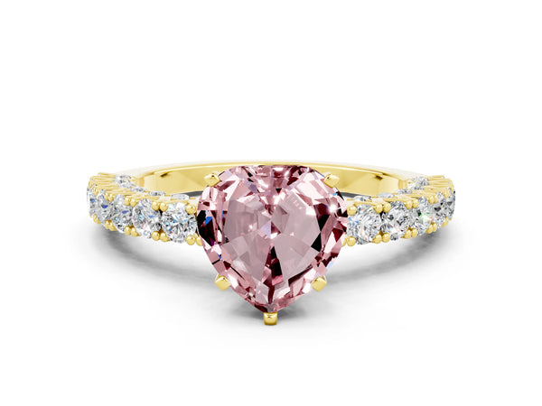 Yellow gold Heart Cut Diamond Pavé Band Solitaire Ring with Prong Setting