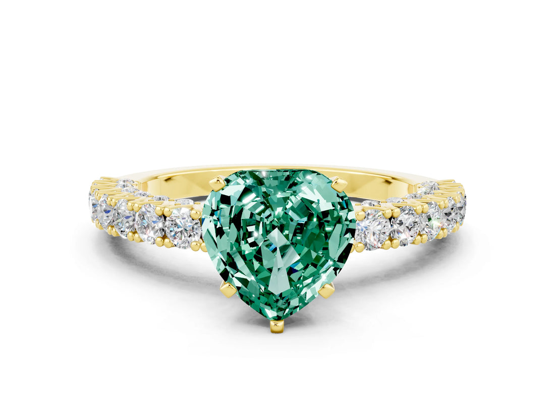 Yellow gold Heart Cut Diamond Pavé Band Solitaire Ring with Prong Setting