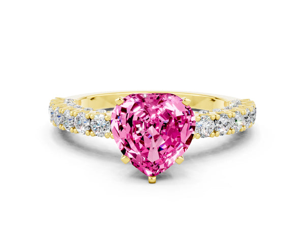 Yellow gold Heart Cut Diamond Pavé Band Solitaire Ring with Prong Setting