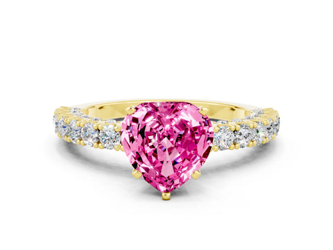 Yellow gold Heart Cut Diamond Pavé Band Solitaire Ring with Prong Setting