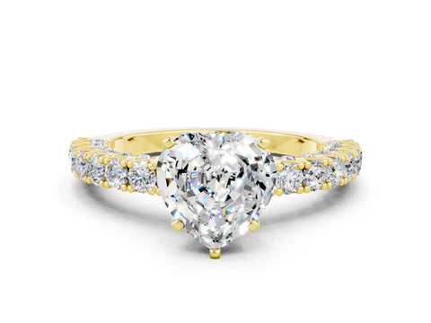 Yellow gold Heart Cut Diamond Pavé Band Solitaire Ring with Prong Setting