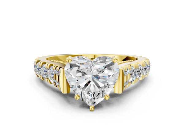 Yellow gold Heart Cut Diamond Classic Solitaire Ring with Pavé Band and Four-Prong Setting
