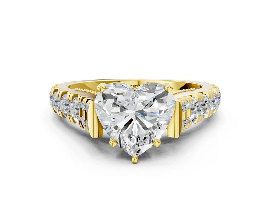Yellow gold Heart Cut Diamond Classic Solitaire Ring with Pavé Band and Four-Prong Setting