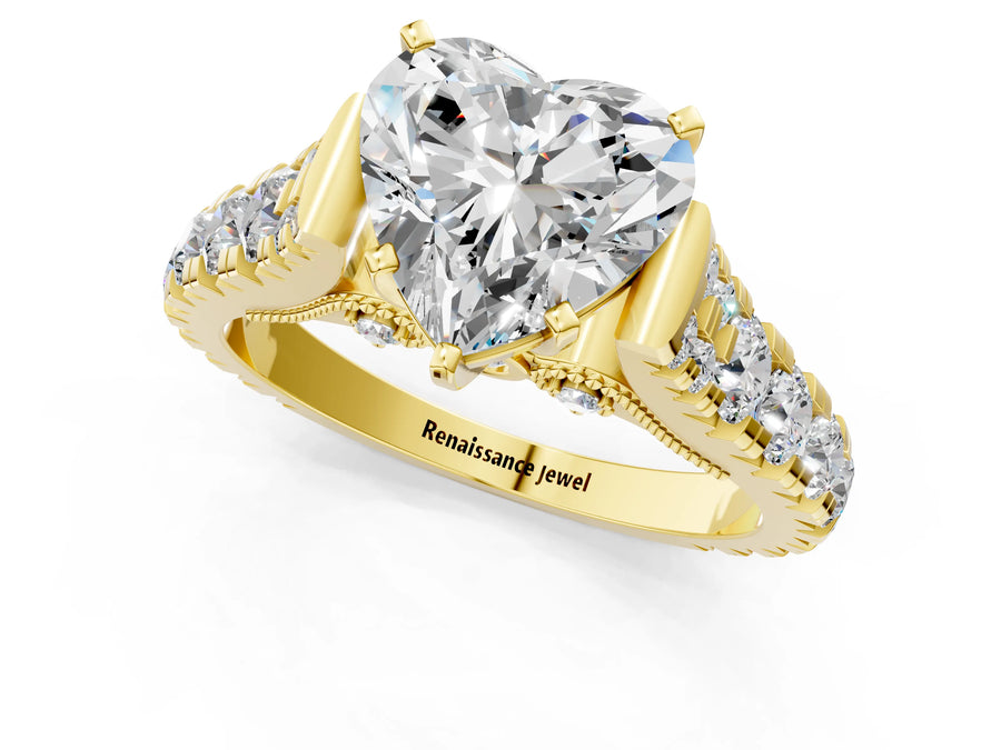 Yellow gold Heart Cut Diamond Classic Solitaire Ring with Pavé Band and Four-Prong Setting