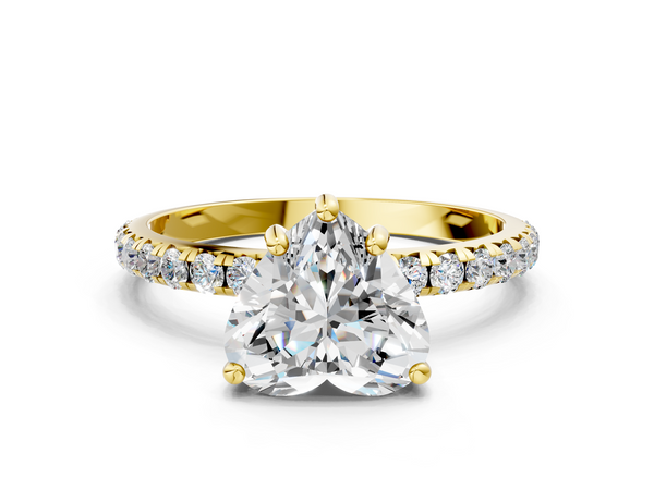 Yellow gold Heart Cut Diamond Solitaire Ring with Micro Pave Band and Four Prong Setting